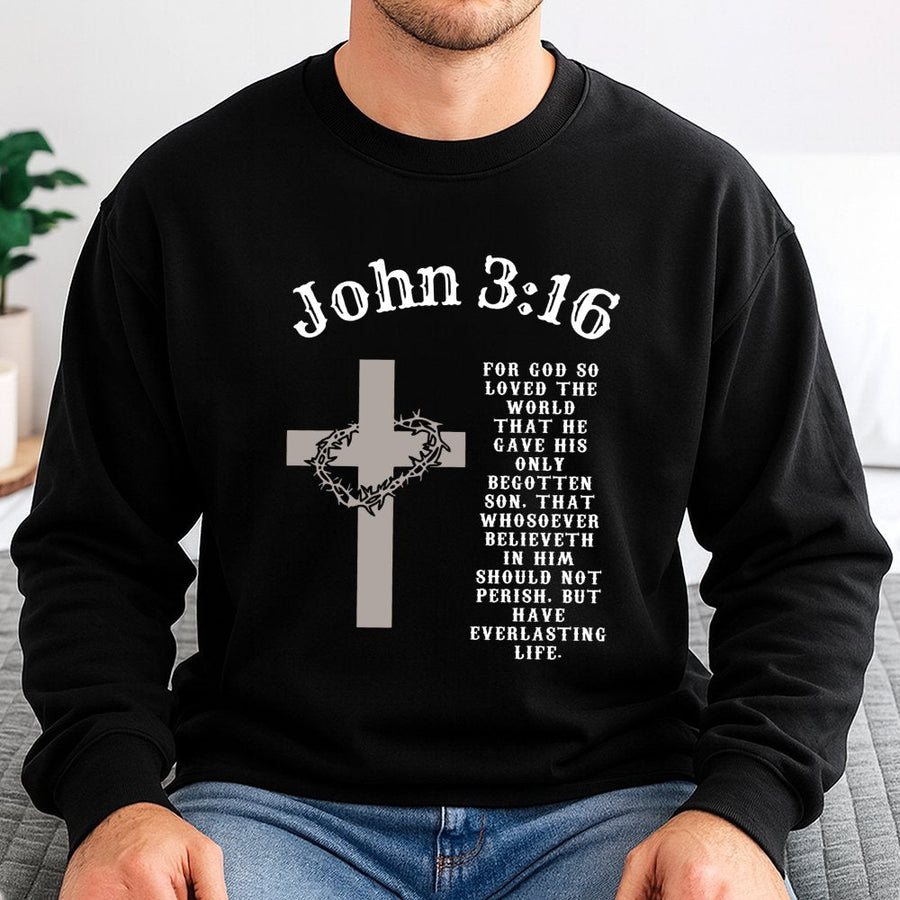 John 3:16 Sweatshirt | Scripture Cross & Crown of Thorns Design | Premium Cotton-Blend | Religious Gift for Men and Women