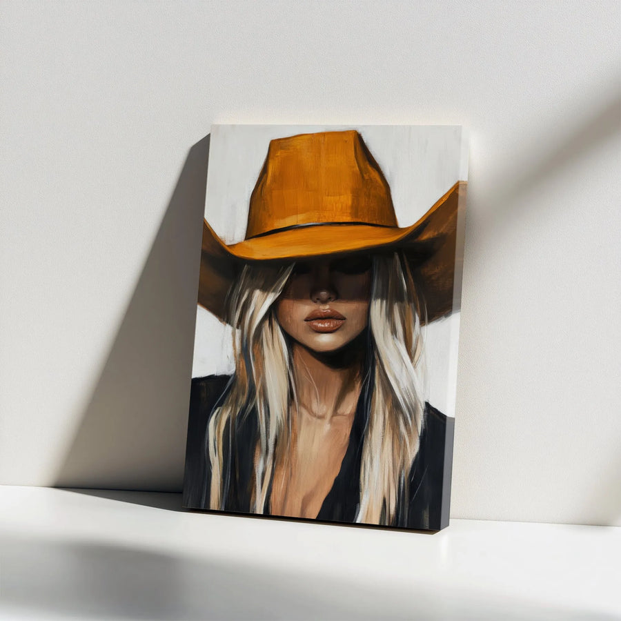 Western Cowgirl Wall Art | Blonde Woman in Orange Cowboy Hat Oil Painting Style | Premium Gallery Wrap Canvas | Modern Farmhouse Home Decor