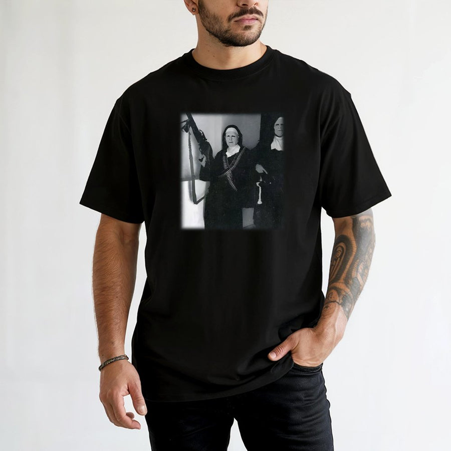 Nun With Machine Gun T-Shirt | Vintage Distressed Photo Graphic | Premium 100% Cotton | Edgy Streetwear Gift for Men and Women