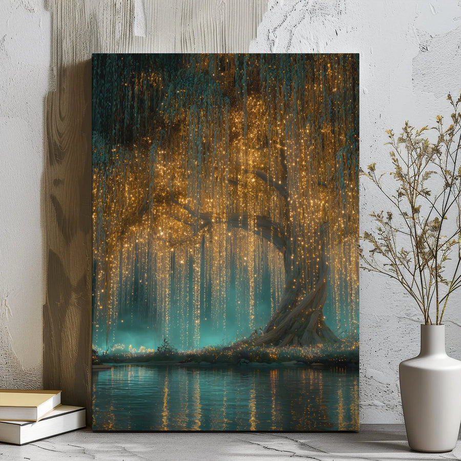Enchanted Weeping Willow Canvas | Glowing Forest Fairy Lights Wall Art | Premium Gallery Wrap Decor | Magical Nature Landscape Gift