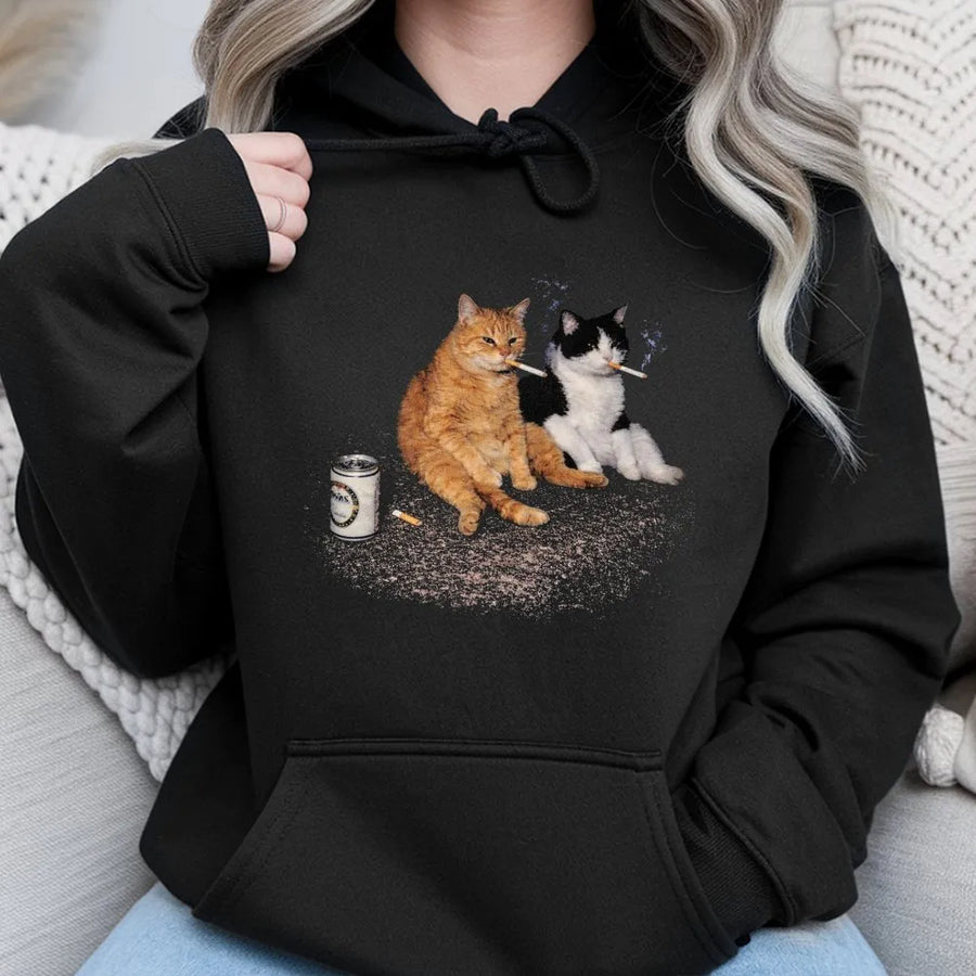 Vintage Smoking Cats Hoodie | Funny Kitten Retro Streetwear Graphic | Premium Cotton Blend | Unisex Funny Cat Lover Gift