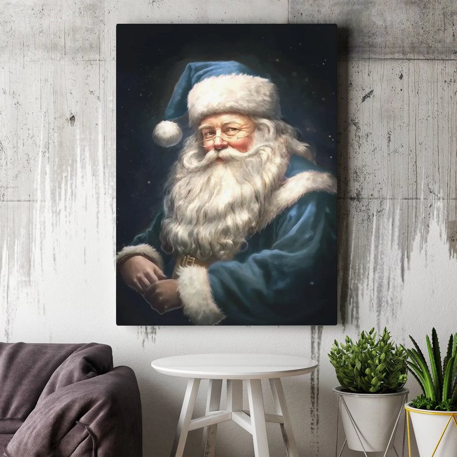 Blue Santa Claus Canvas Wall Art | Vintage Portrait Winter Decor | Premium Gallery Wrap Print | Festive Christmas Gift for Home Office