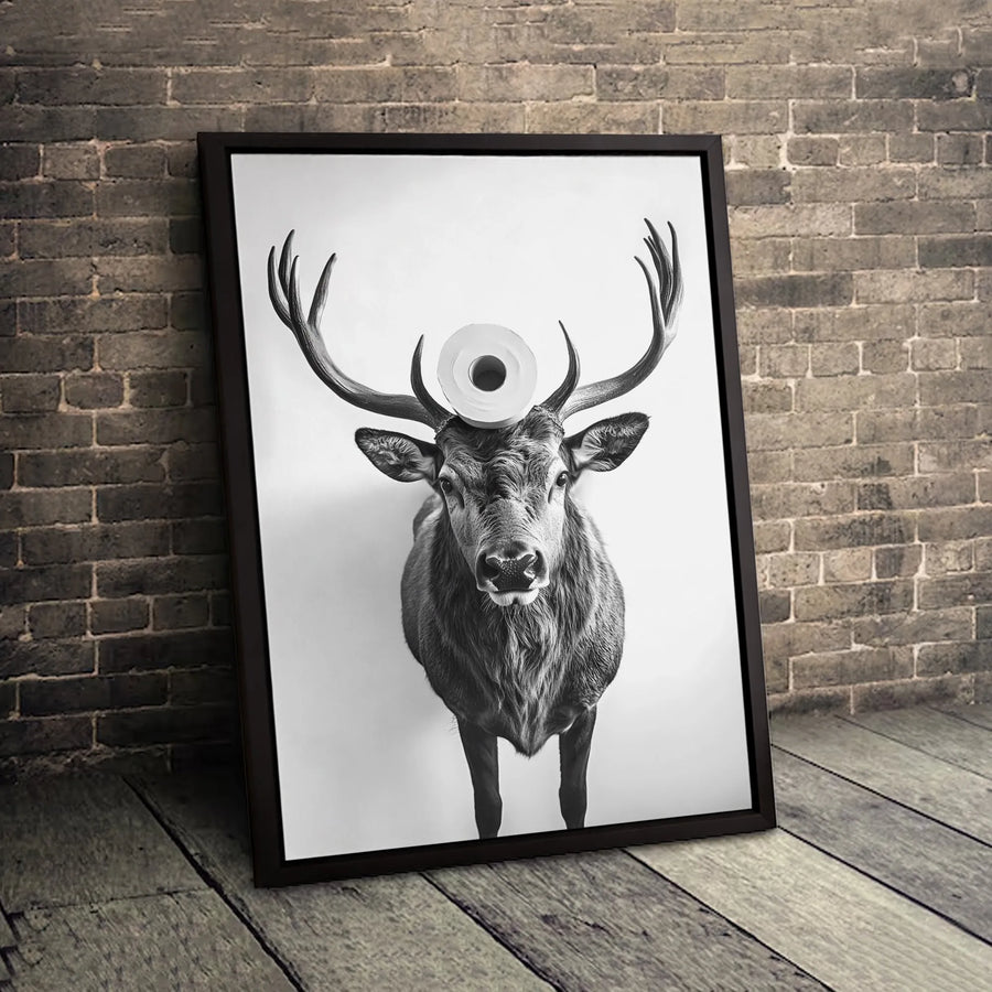 Funny Deer Wall Art | Surreal Toilet Paper Head Portrait | Premium Gallery Canvas | Quirky Bathroom Decor & Unique Gift
