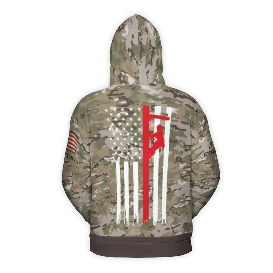 Lineman American Flag Hoodie | Camo Power Utility Worker Design | Premium Brushed Fleece Pullover | Gift for Electrician & Utility Worker