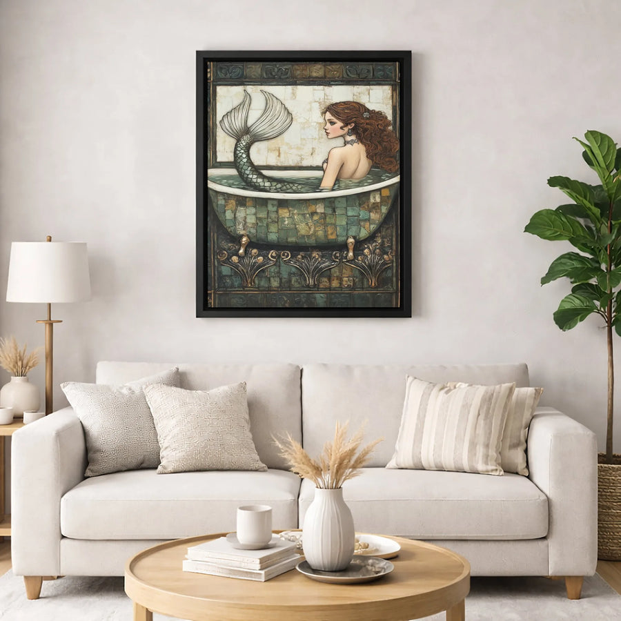 Mermaid Wall Art | Vintage Aesthetic Bathtub Portrait | Premium Gallery-Wrapped Canvas | Whimsical Nautical Home Decor Gift