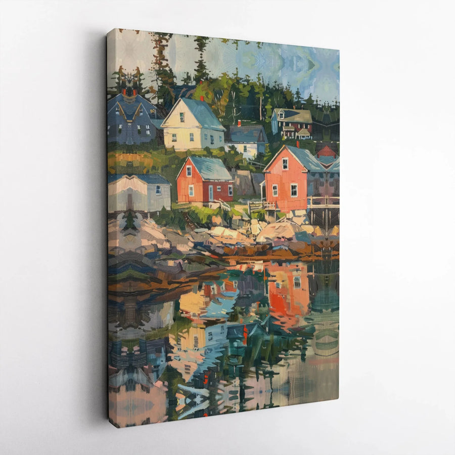 Coastal Village Canvas Wall Art | Impressionist Seaside Landscape Print | Premium Gallery Wrapped Canvas | Nautical Home Decor Gift for Art Lovers