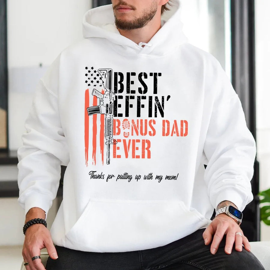 Bonus Dad Hoodie | American Flag Rifle Graphic Design | Premium Cotton Blend | Funny Stepdad Gift for Father's Day 2026 Birthday