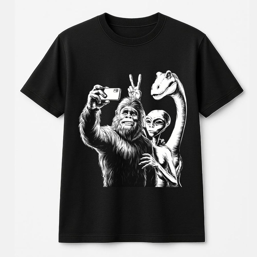 Bigfoot Alien Selfie Graphic T-Shirt | Funny Paranormal Cryptid Design | 100% Cotton Premium Quality | Unisex Gift for Sci-Fi and UFO Lovers