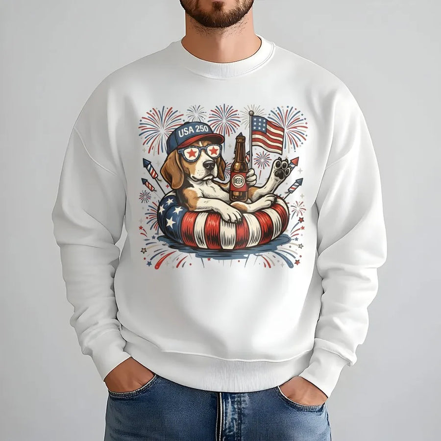 Patriotic Dog Sweatshirt | Funny Beagle with Beer and USA 250 Graphic | Premium Cotton Blend | 4th of July Gift for Men & Women