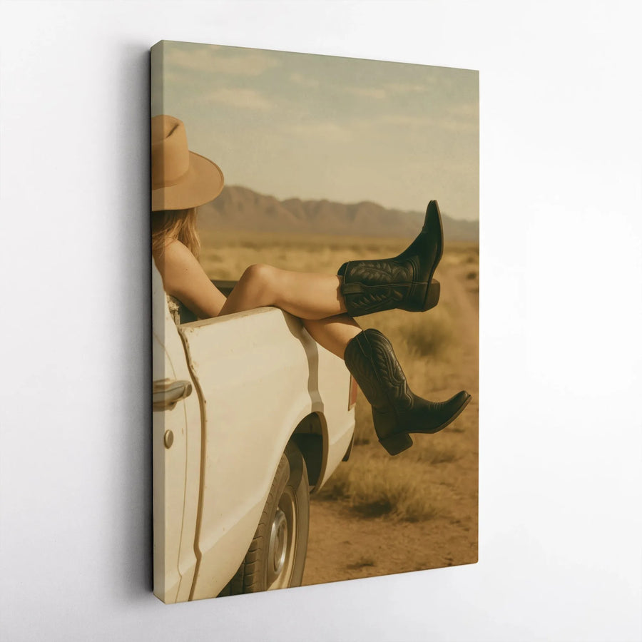 Western Cowgirl Canvas Wall Art | Vintage Desert Truck Aesthetic | Premium Fade-Resistant Print | Country Boho Home Decor Gift