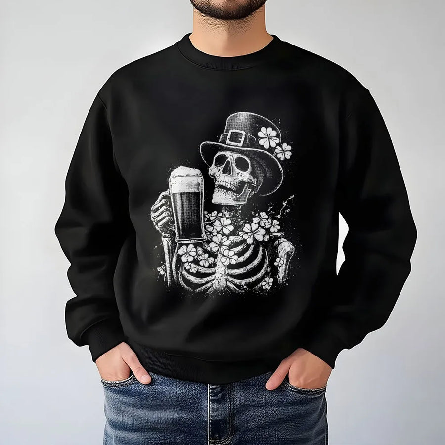 St Patrick’s Day Skeleton Sweatshirt | Funny Irish Beer Drinking Skull Design | Premium Cotton Blend Crewneck | Unisex Holiday Gift for Men and Women