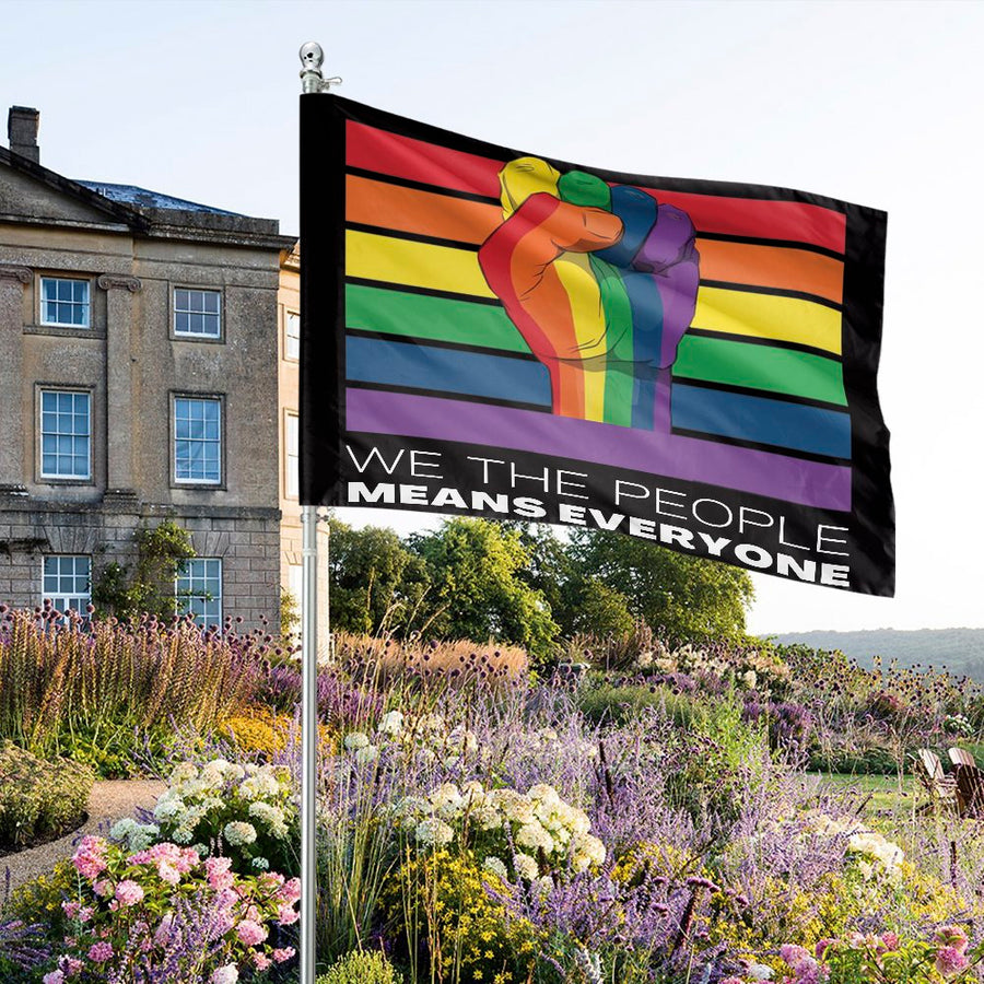 We The People Means Everyone House Flag | Pride Rainbow Fist Graphic | Durable Weather-Resistant Polyester | Inclusive Home Decor Gift
