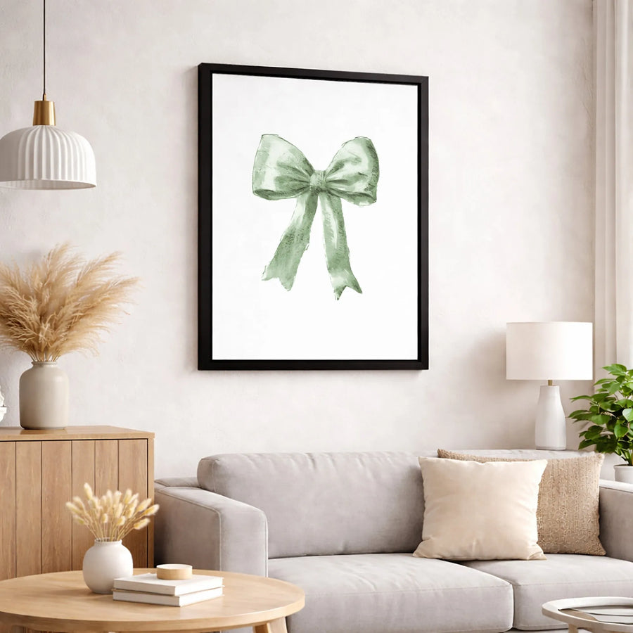 Sage Green Bow Canvas Wall Art | Minimalist Watercolor Ribbon Print | Premium 1.25-inch Gallery Wrapped | Aesthetic Home Decor for Women