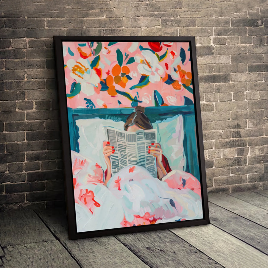 Woman Reading Newspaper Canvas Print | Abstract Floral Bedroom Wall Art | Premium Gallery Wrapped Decor | Aesthetic Home Gift For Her