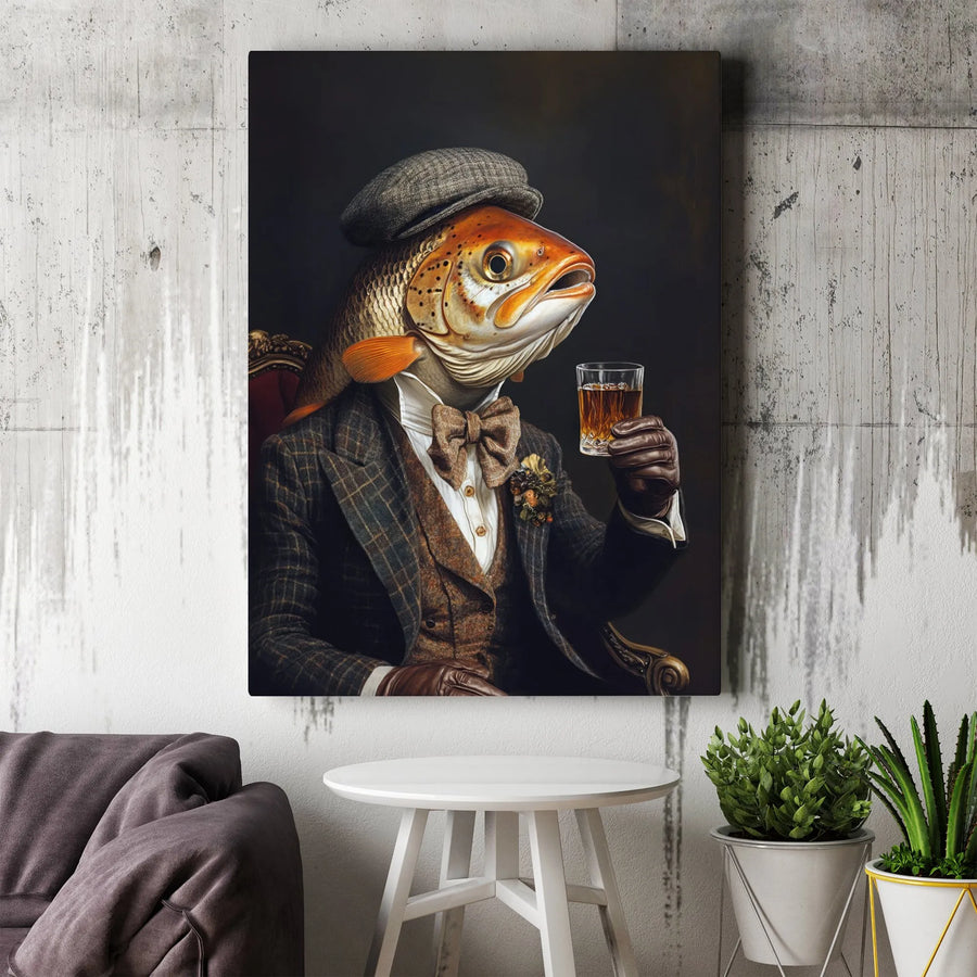 Fish Gentleman Wall Art | Anthropomorphic Trout in Tweed Suit Drinking Whiskey | Premium Gallery Canvas | Unique Man Cave Home Decor Gift