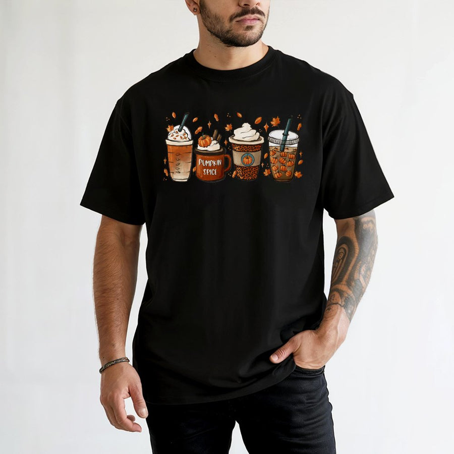 Pumpkin Spice Coffee T-Shirt | Autumn Leaves Graphic Art | 100% Soft Cotton | Cozy Fall Season Apparel Gift For Women And Coffee Lovers