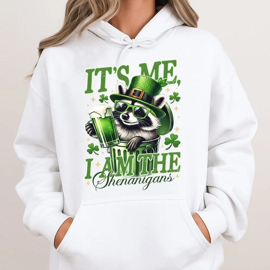 St Patrick's Day Hoodie | It's Me I Am The Shenanigans Raccoon Graphic | Premium Cotton Blend Unisex Sweatshirt | Funny Irish Party Gift For Him Her
