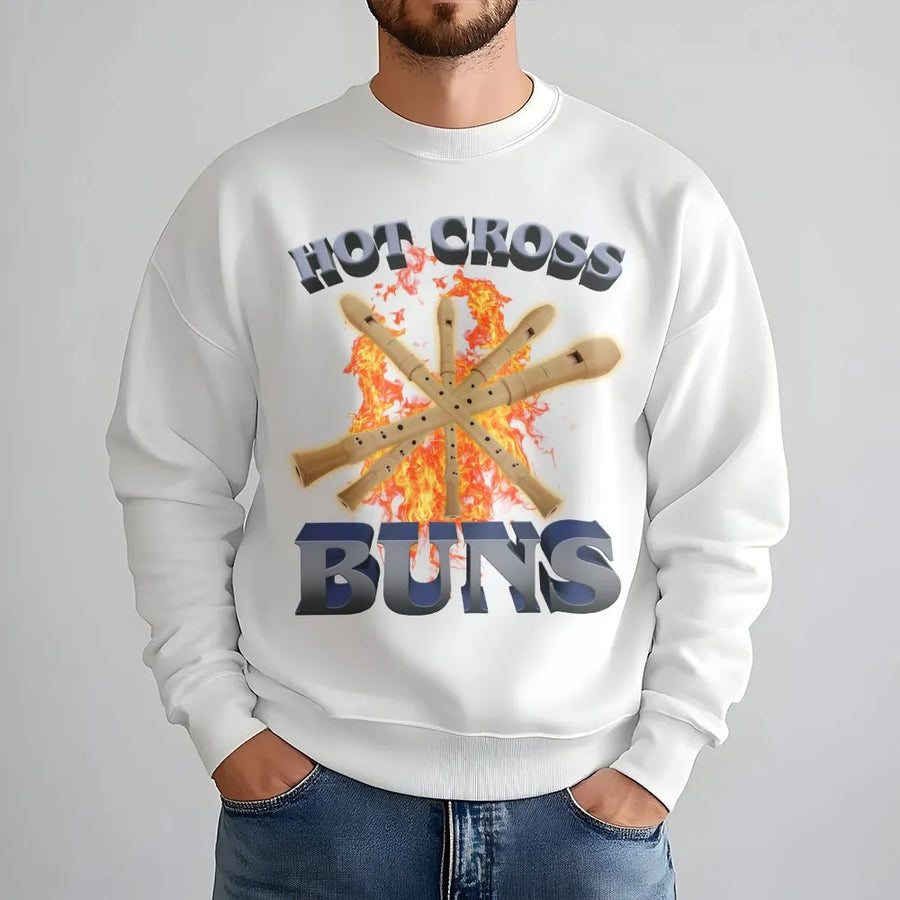 Hot Cross Buns Sweatshirt | Funny Music Teacher Gift | Premium Cotton Blend Crewneck | Humorous Flute Player Apparel for Musicians
