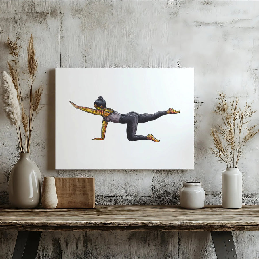 Bird-Dog Yoga Pose Wall Art | Stained Glass Style Fitness Illustration | Premium Gallery Wrapped Canvas | Mindfulness Decor Gift for Yogi