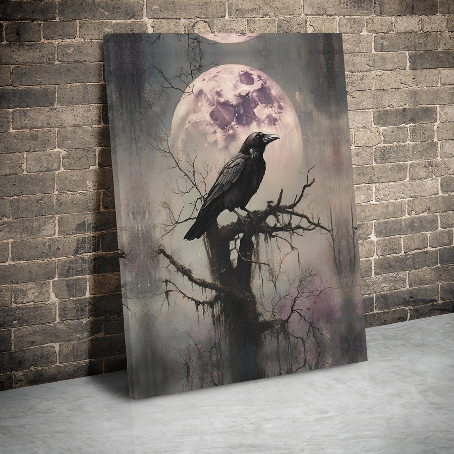 Gothic Raven Canvas Wall Art | Full Moon Dark Forest Design | 1.25-Inch Gallery Wrap | Spooky Home Decor Gift for Dark Academia Lovers