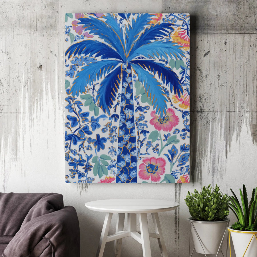 Blue Palm Tree Canvas Art | Coastal Floral Botanical Print | Premium Gallery-Wrapped Wall Decor | Tropical Living Room Gift