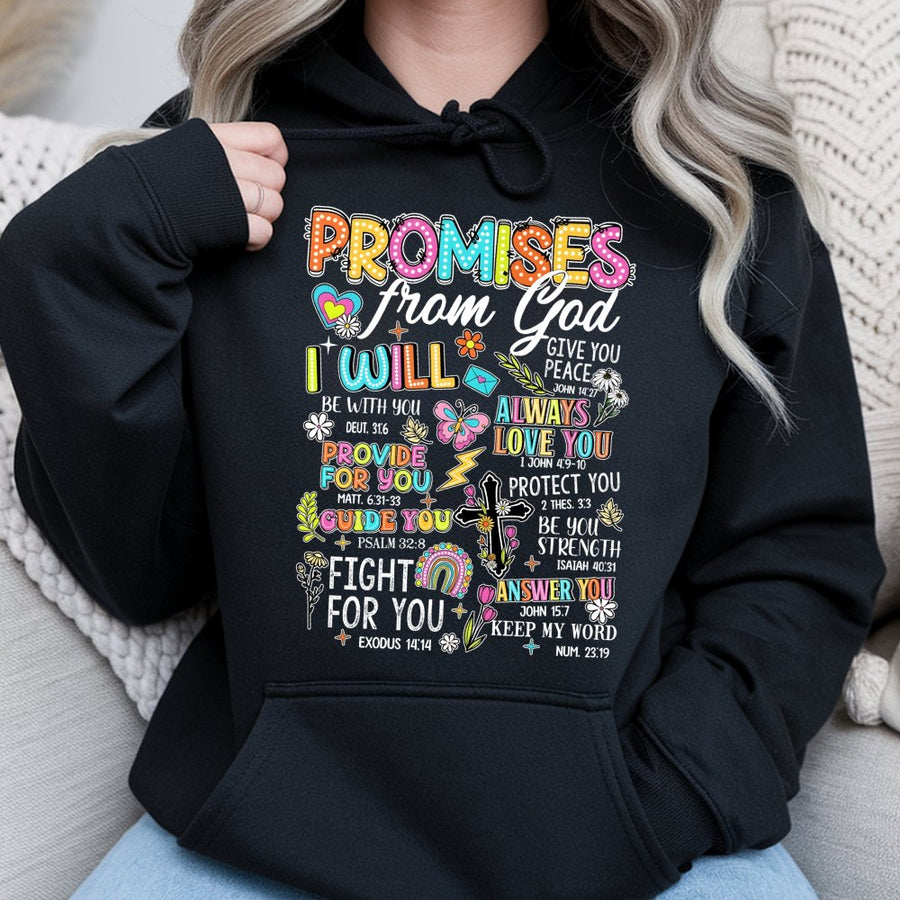 Promises From God Bible Verse Hoodie | Colorful Scripture Faith Design | Premium Cotton-Blend Apparel | Meaningful Religious Gift For Christians
