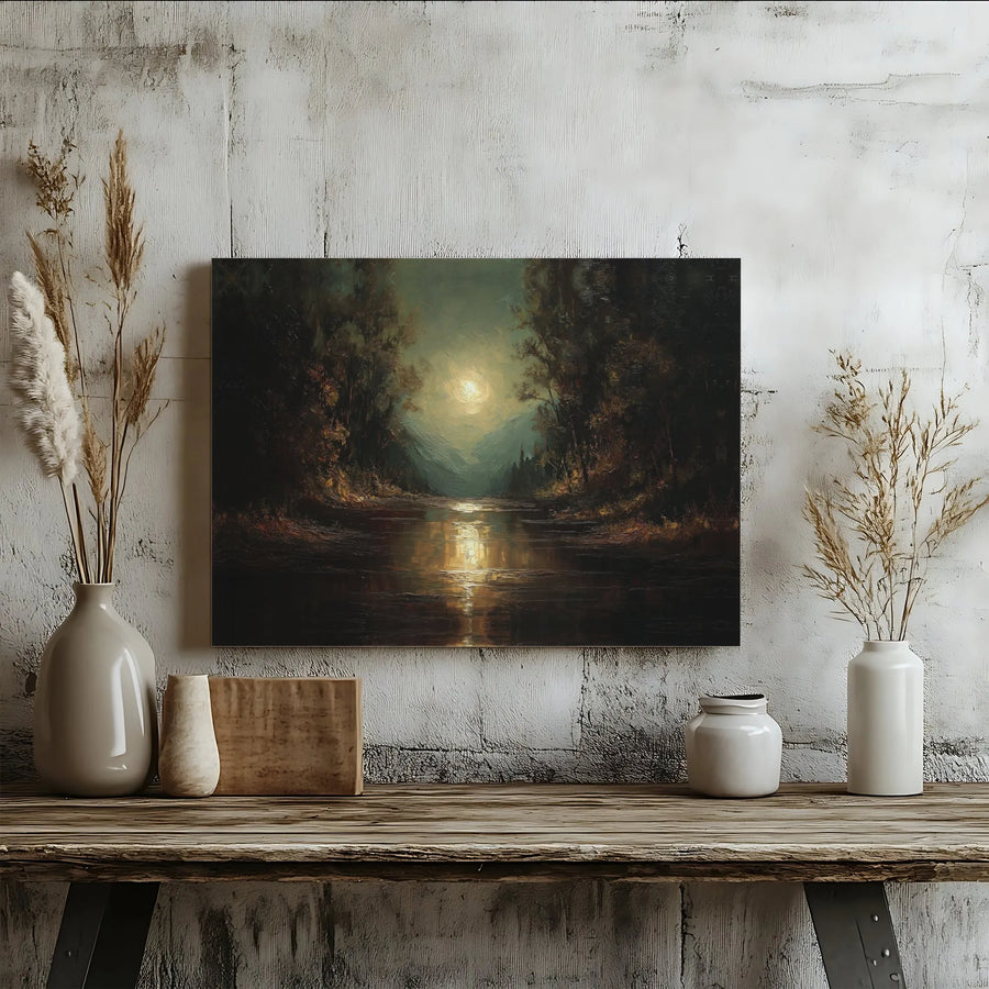 Moonlit Forest River Landscape Horizontal Canvas | Moody Dark Tonalist Oil Painting Style Art | 1.25 Inch Gallery Wrap Premium Wall Decor | Gothic Nature Lover Gift