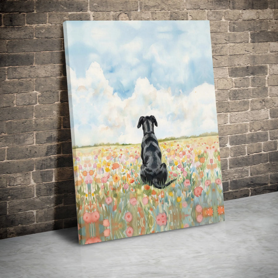 Black Dog Canvas Art | Watercolor Wildflower Field Print | Premium 1.25" Gallery Wrap | Gift for Dog Lovers & Home Decor