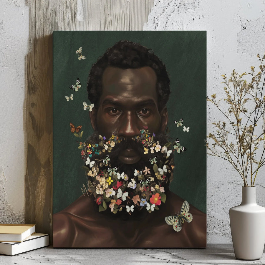 Black Man Portrait Canvas Wall Art | Surreal Floral Butterfly Beard | Premium Gallery Wrap Print | Afrocentric Home Decor Gift