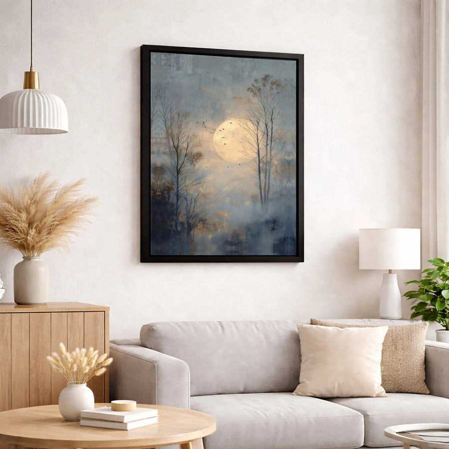 Misty Forest Moon Canvas Wall Art | Atmospheric Landscape Print with Flying Birds | 1.25 Inch Gallery Wrap | Modern Home Decor Gift