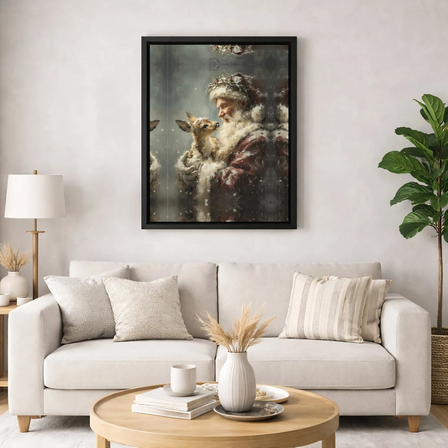 Santa Claus With Baby Deer Canvas | Vintage Christmas Painting Wall Art | Premium 1.25 Inch Gallery Wrap | Holiday Home Decor Gift