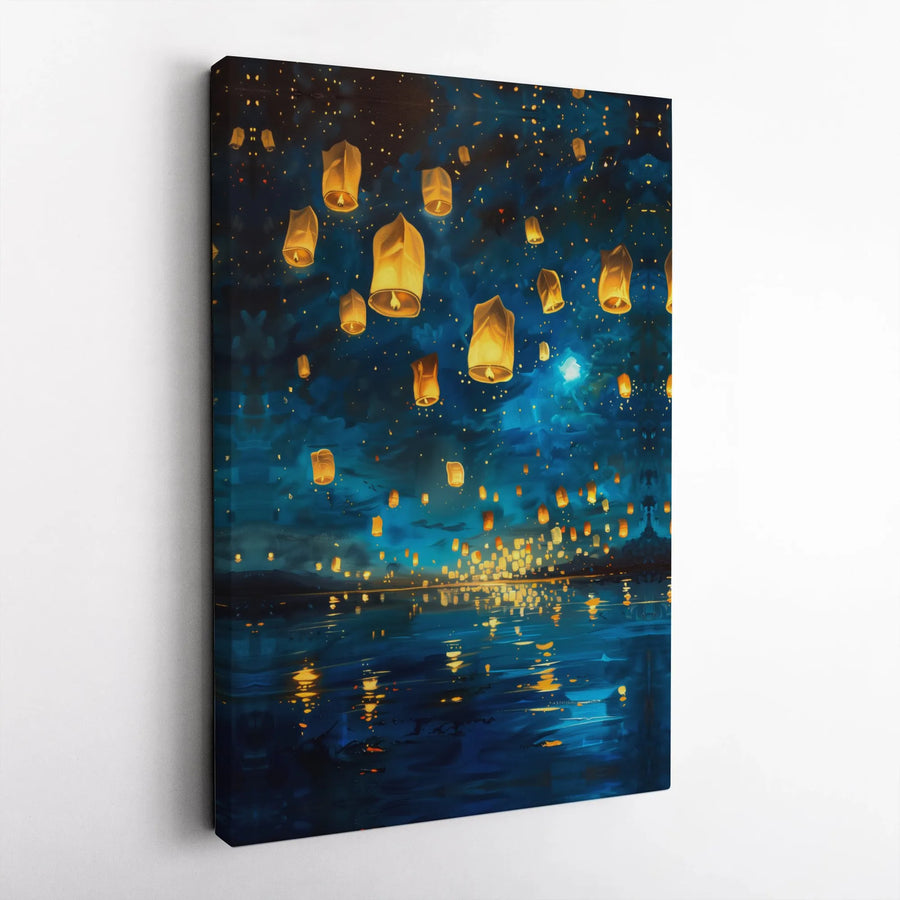 Floating Sky Lanterns Canvas Wall Art | Night Sky Lake Reflection Print | Gallery-Quality 1.25" Profile | Serene Home Decor Gift
