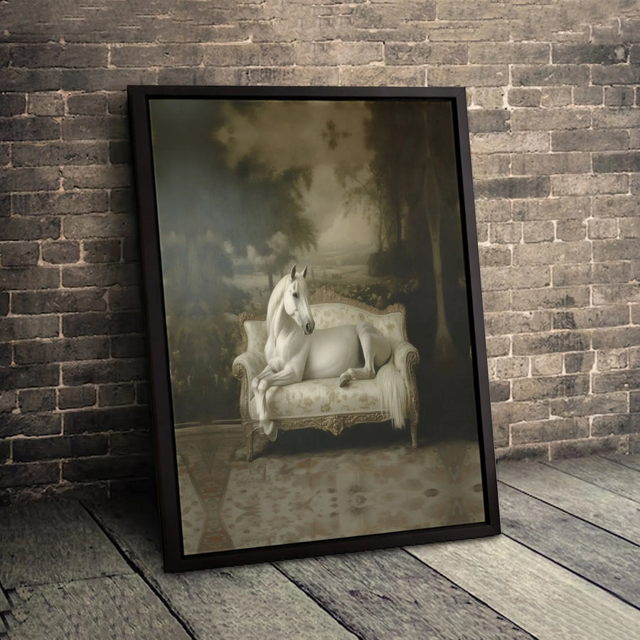 White Horse Canvas Wall Art | Surreal Victorian Sofa Portrait | Premium Gallery-Wrapped Print | Elegant Animal Decor for Living Room