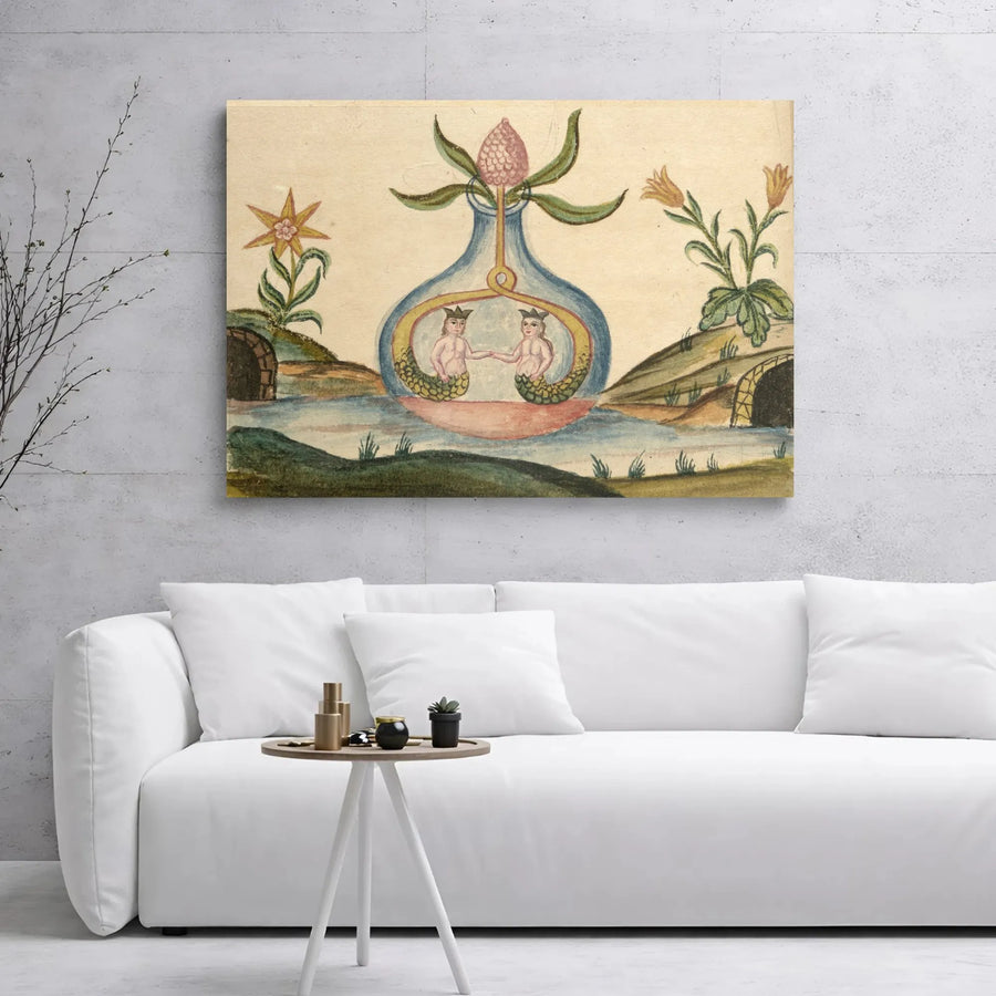 Alchemy Folk Art Canvas Print | Crowned Mermen In Glass Vase Design | Premium Gallery Wrap Wall Art | Esoteric Mystical Decor For Home