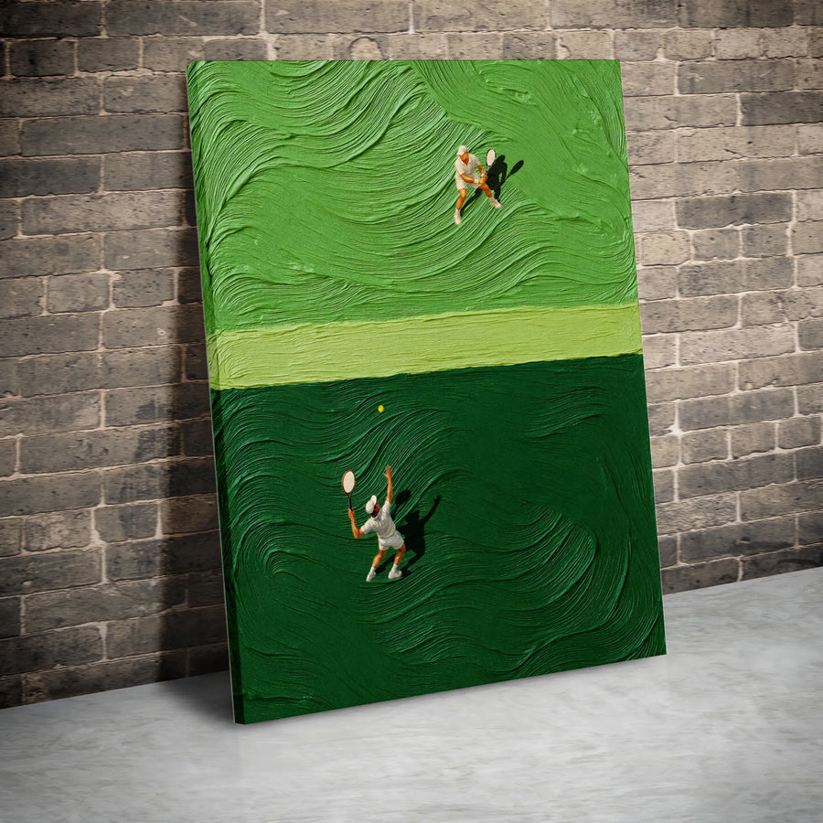 Tennis Match Canvas Wall Art | Textured Green Court Painting | Premium Gallery-Wrapped Print | Modern Sports Decor for Tennis Lovers