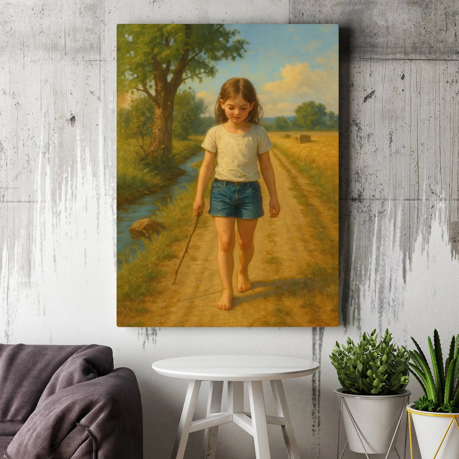 Young Girl Countryside Canvas Print | Impressionist Childhood Farm Road Art | Gallery-Quality 1.25" Profile | Rustic Home Decor Wall Art