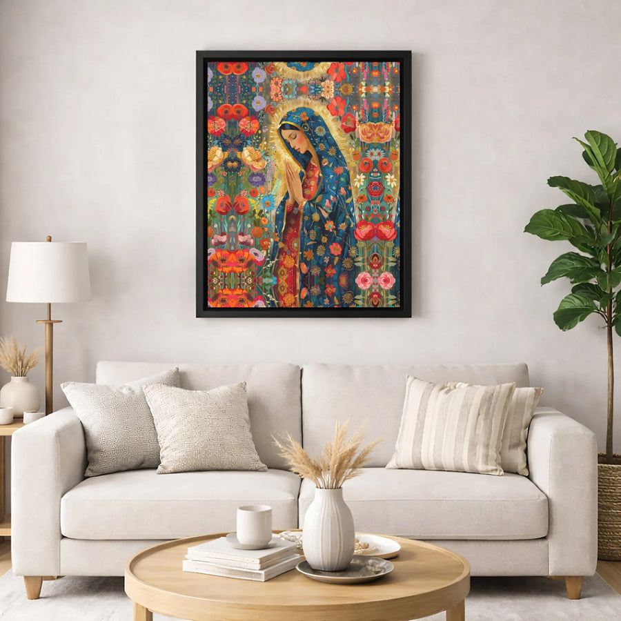 Virgin Mary Canvas Print | Colorful Floral Folk Art Wall Decor | Gallery Quality 1.25" Profile | Religious Home Gift