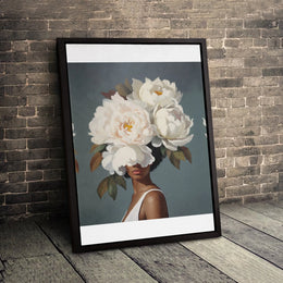 Black Woman Floral Portrait Canvas | Peony Flower Headdress Wall Art | Premium Gallery-Wrapped Print | Elegant Home Decor Gift For Her