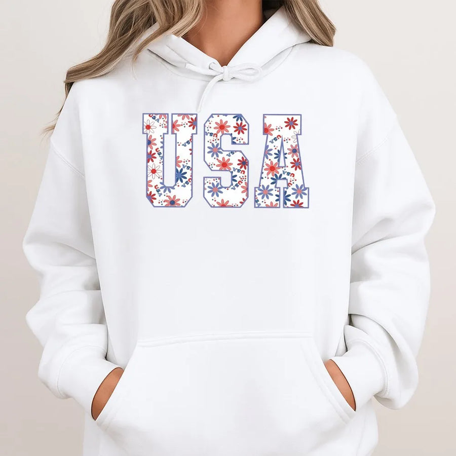 Patriotic USA Hoodie | Red White and Blue Floral Print | Soft Unisex Hoodie | 4th of July Independence Day Gift