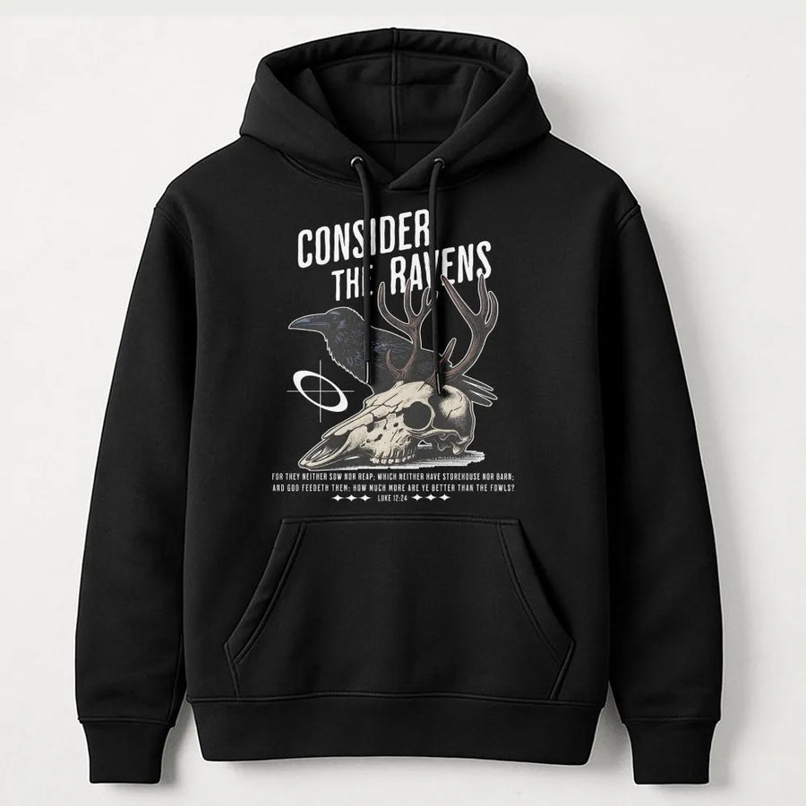 Consider The Ravens Hoodie | Luke 12:24 Scripture Graphic | Premium Cotton Blend | Christian Faith Gift for Him or Her