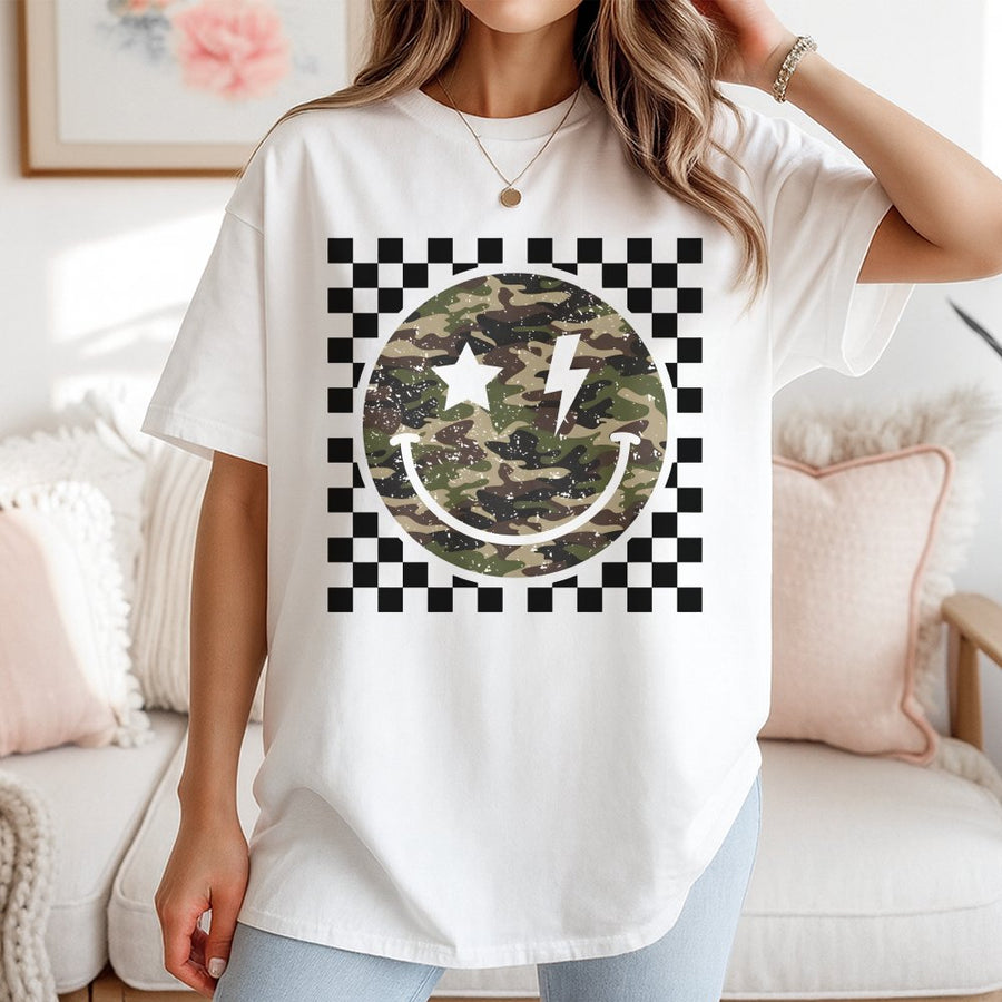 Camo Smiley Face T-Shirt | Checkered Aesthetic Graphic Tee | 100% Cotton Premium Quality | Trendy Streetwear Gift for Men and Women