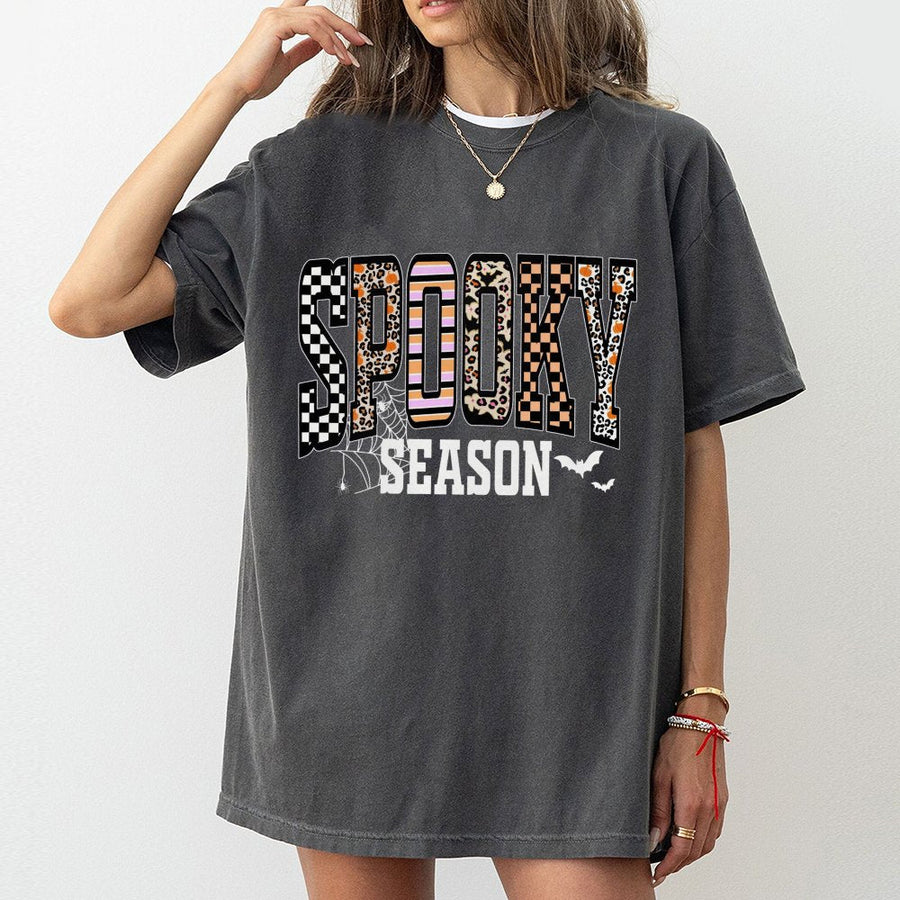 Spooky Season Halloween T-Shirt | Leopard Checkered Graphic Print | Premium Soft Cotton | Cute Fall Aesthetic Gift for Women