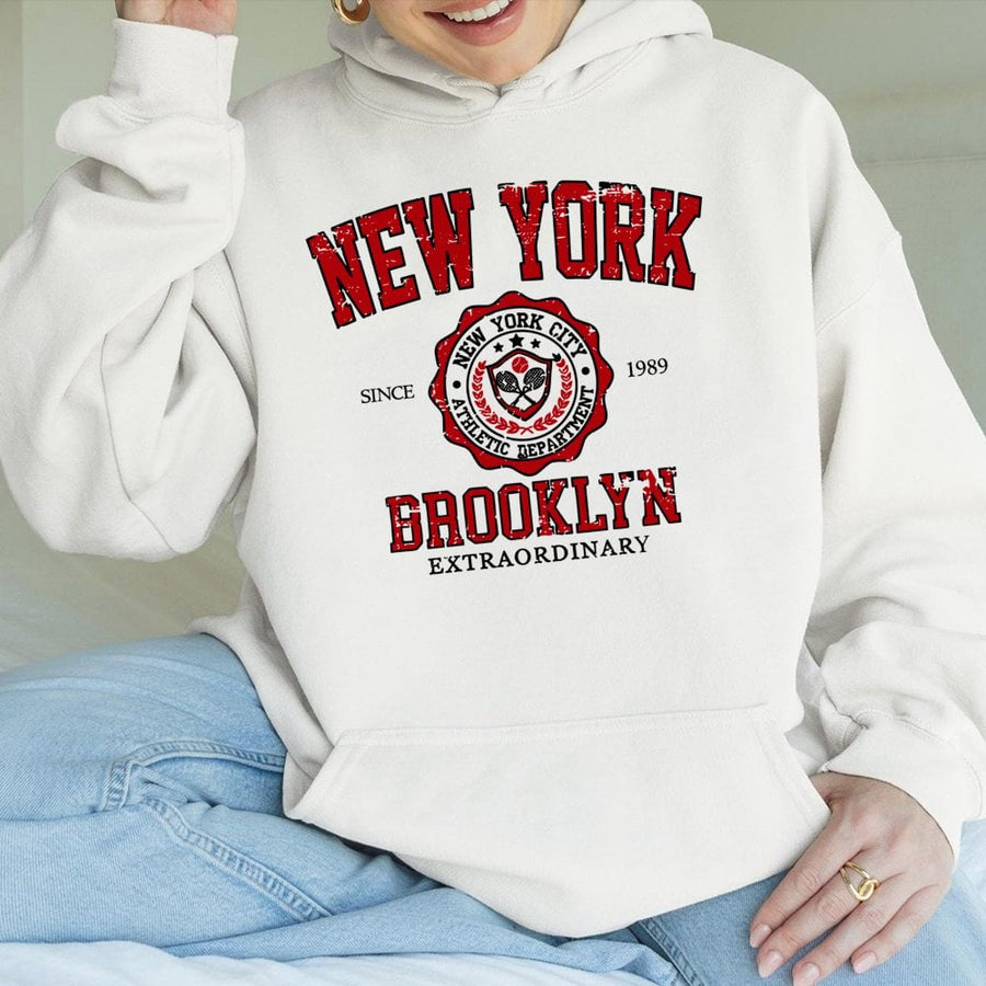 New York Brooklyn Hoodie | Vintage Varsity Athletic Graphic | Cotton-Poly Blend Sweatshirt | Unisex Streetwear Apparel Gift