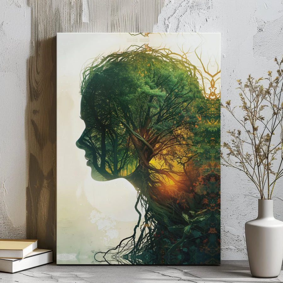 Mother Nature Canvas Print | Double Exposure Forest Silhouette Wall Art | Premium 1.25-inch Gallery Wrap | Botanical Home Decor Gift