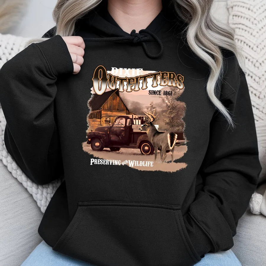 Vintage Deer Hunting Hoodie | Rustic Cabin Wildlife Graphic | Premium Cotton Blend Sweatshirt | Gift for Outdoorsmen and Hunters