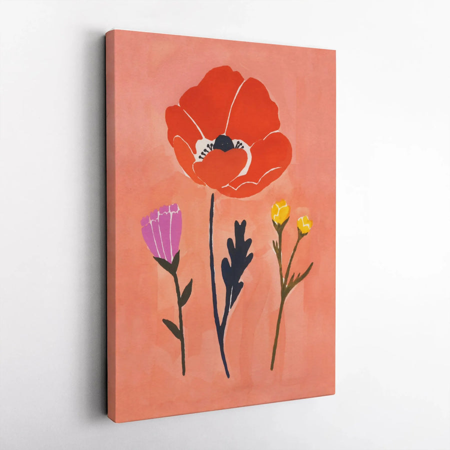 Red Poppy Canvas Wall Art | Modern Botanical Illustration | Premium Gallery Wrapped Canvas | Living Room & Bedroom Decor Gift