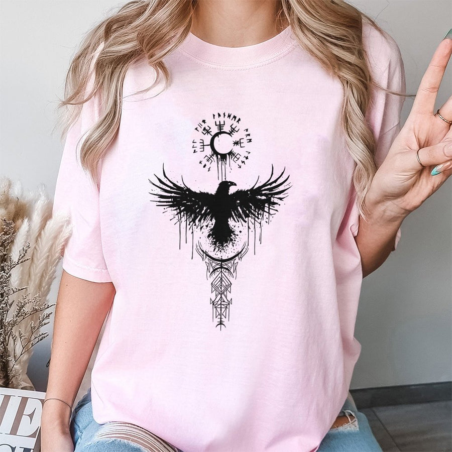 Viking Raven T-Shirt | Norse Mythology Vegvisir Compass Design | 100% Premium Cotton | Spiritual Pagan Symbol Gift For Men Women