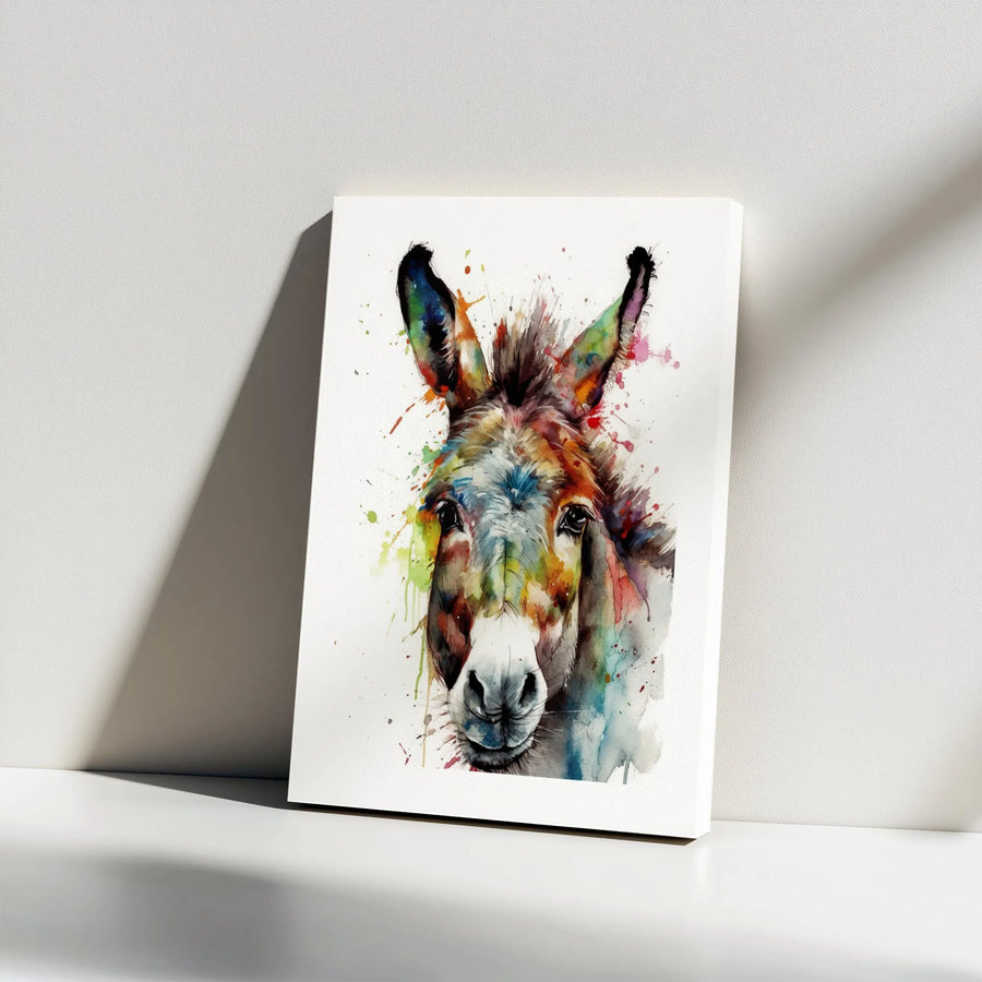 Colorful Donkey Wall Art | Watercolor Splash Portrait Print | Premium Gallery Wrapped Canvas | Farmhouse Animal Home Decor Gift