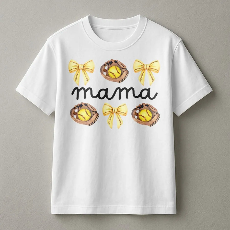 Softball Mama T-Shirt | Coquette Bow and Glove Design | 100% Cotton Premium Tee | Cute Game Day Outfit Gift for Softball Mom