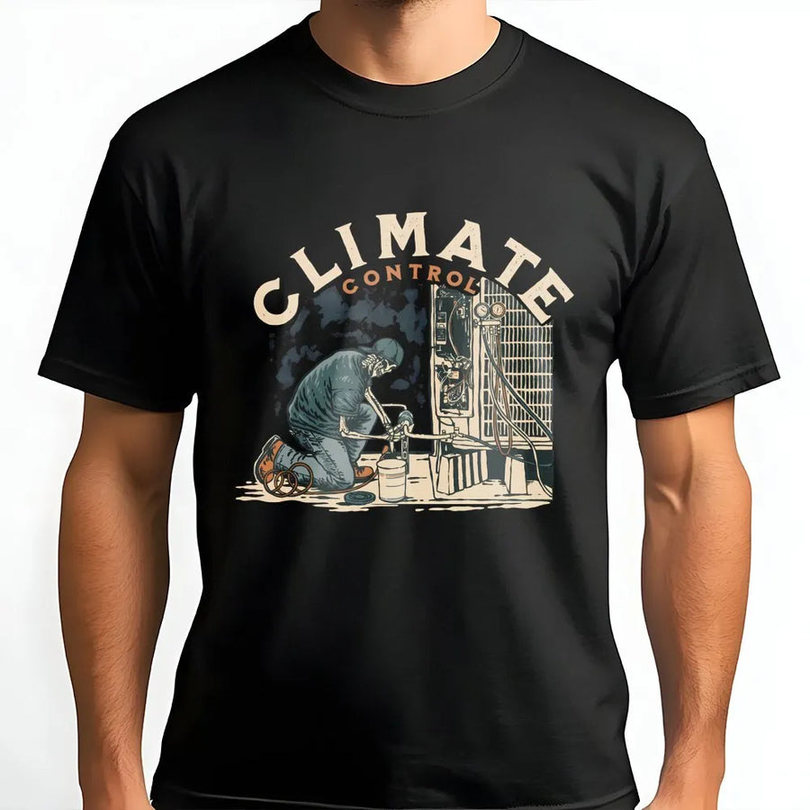 HVAC Technician T-Shirt | Climate Control Skeleton Repair Design | Premium Cotton Graphic Tee | Funny Blue Collar Gift For HVAC Workers